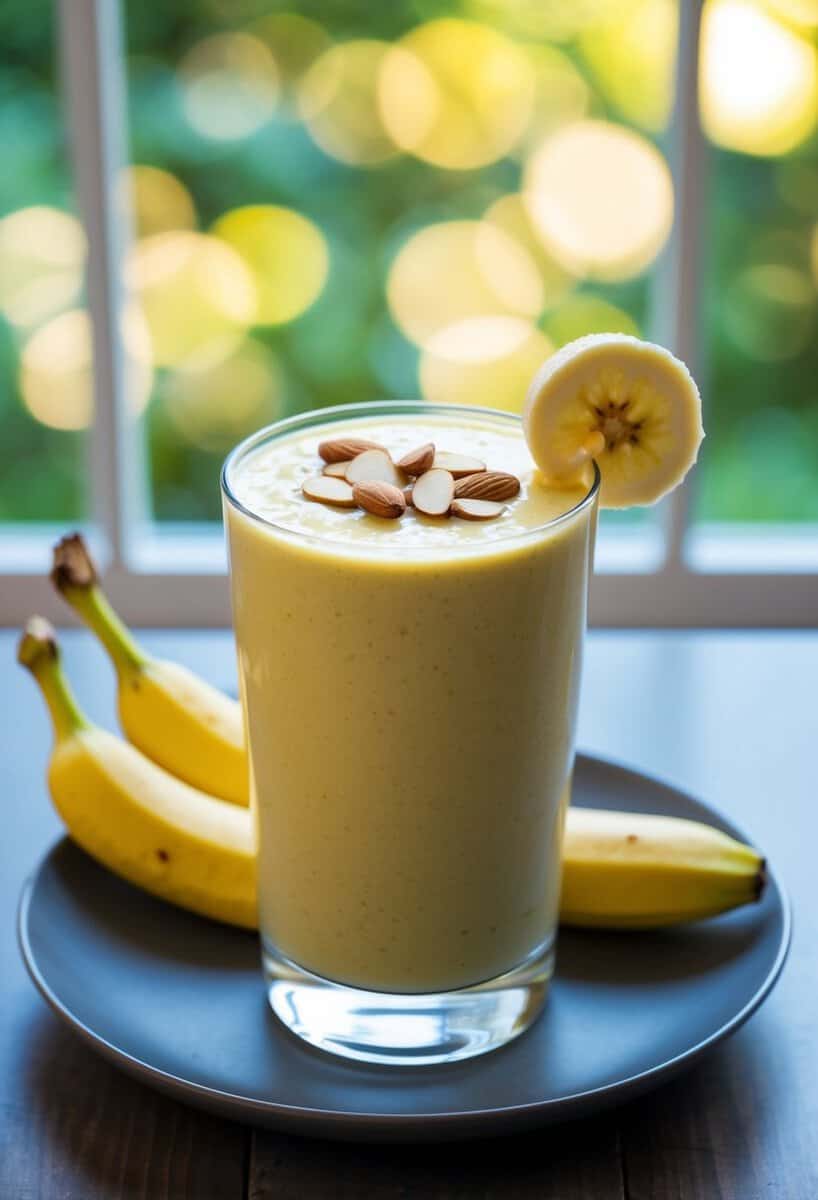 A glass filled with a creamy yellow smoothie topped with sliced almonds and a banana on the side