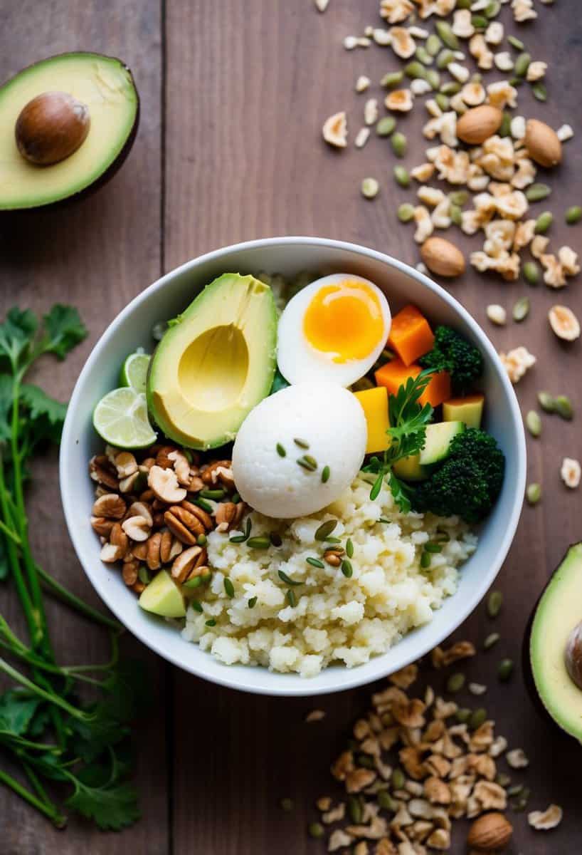 A bowl filled with cauliflower rice, avocado, eggs, and vegetables, surrounded by a scattering of nuts and seeds on a wooden table