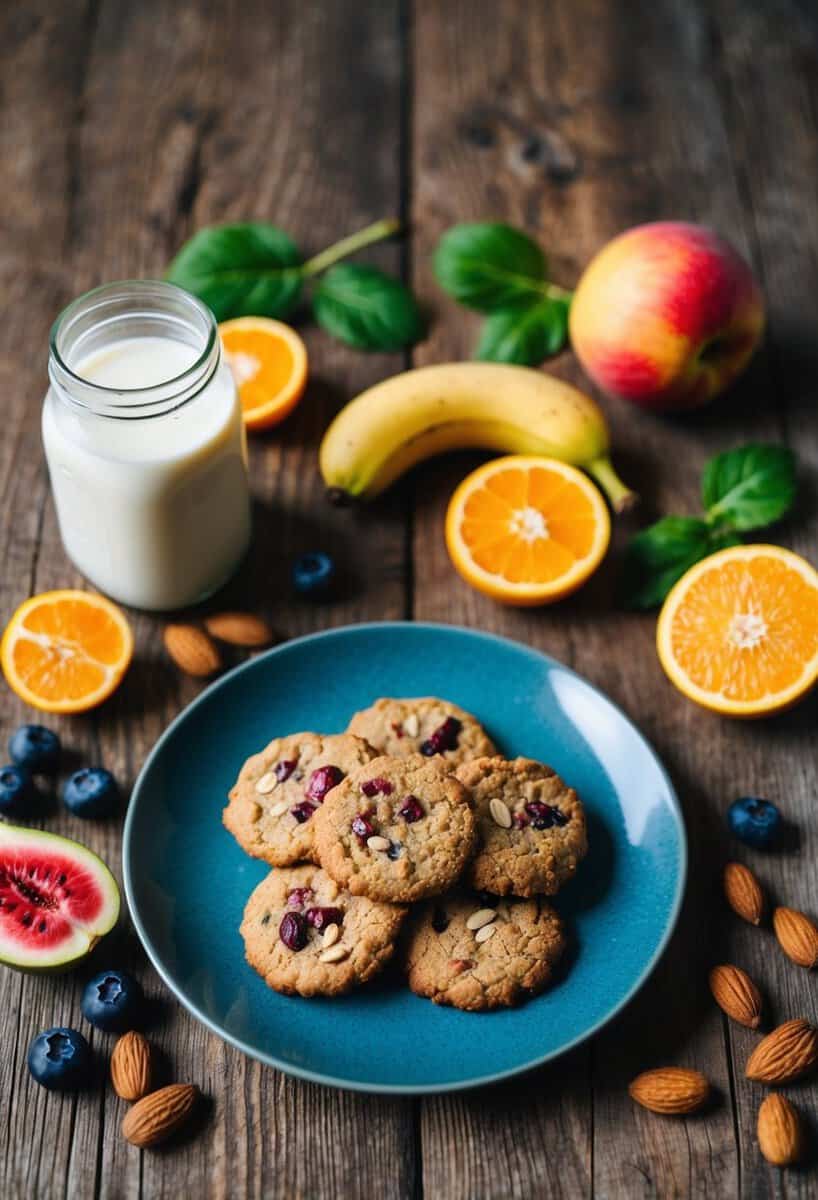 A rustic wooden table with a plate of Paleo Breakfast Cookies, surrounded by fresh fruits and a jar of almond milk