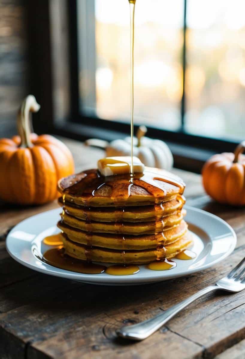 A plate of pumpkin pancakes drizzled with maple syrup on a rustic wooden table