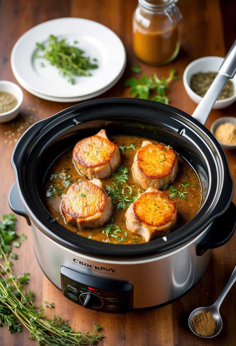 A crockpot filled with sizzling tender ranch pork chops, surrounded by aromatic herbs and spices