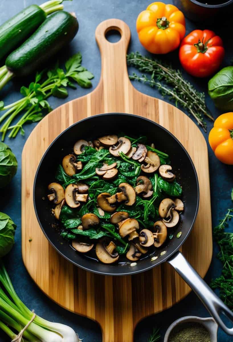 A skillet with sautéed mushrooms and spinach, surrounded by fresh produce and herbs on a wooden cutting board