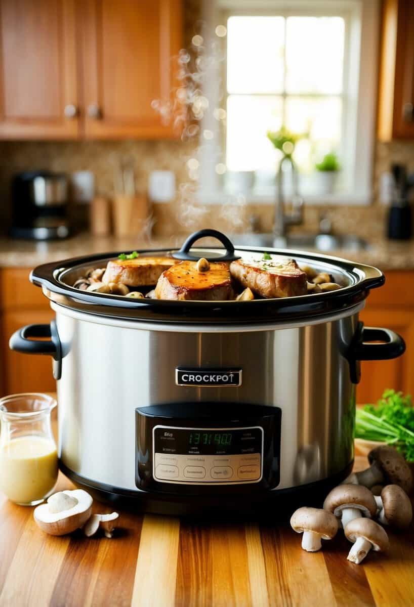 A crockpot filled with sizzling pork chops, mushrooms, and buttermilk sauce, surrounded by a warm, inviting kitchen