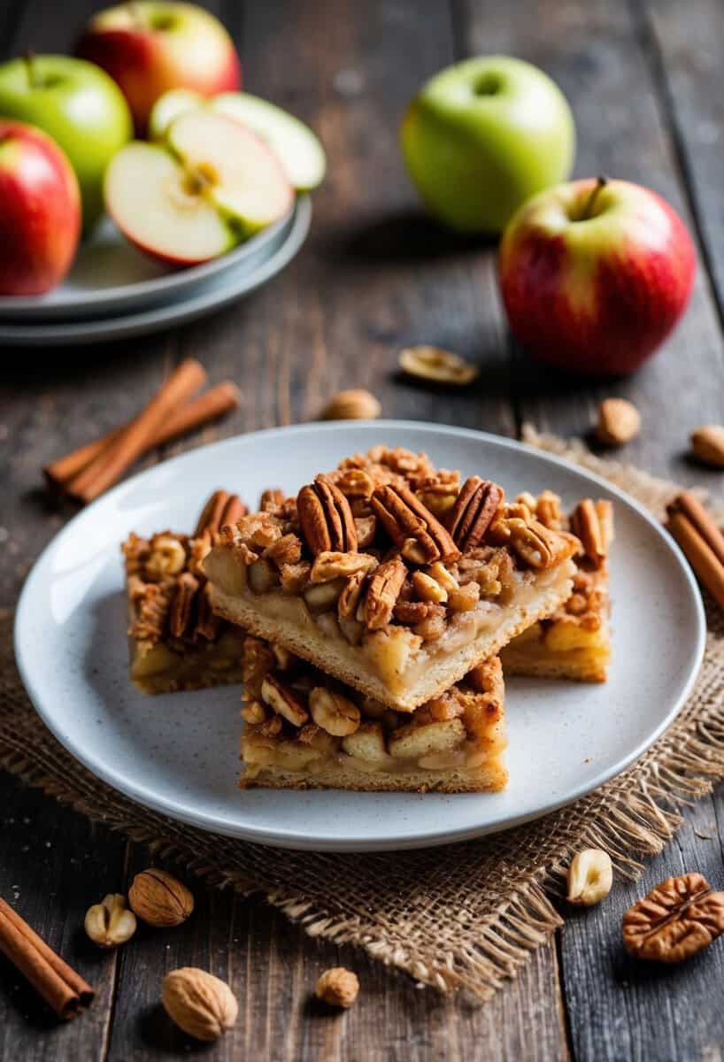 A rustic wooden table with a plate of apple cinnamon nut bars, surrounded by scattered ingredients like apples, cinnamon sticks, and nuts