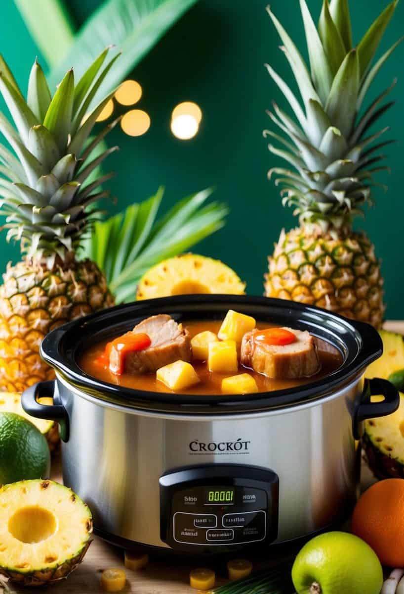 A crockpot filled with sweet and sour sauce, pineapples, and pork chops surrounded by tropical fruits and vegetables