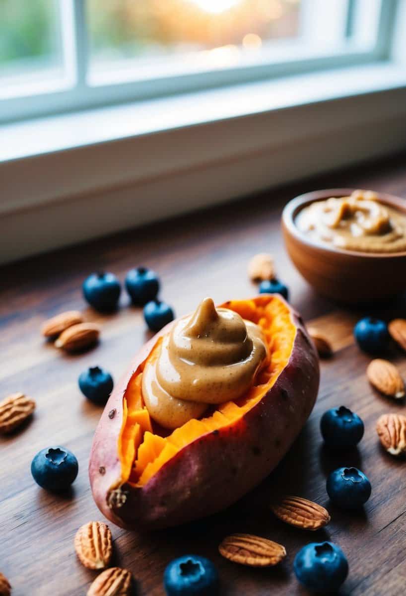 A sweet potato topped with almond butter, surrounded by berries and nuts, on a wooden table. Sunrise light streams in through a nearby window