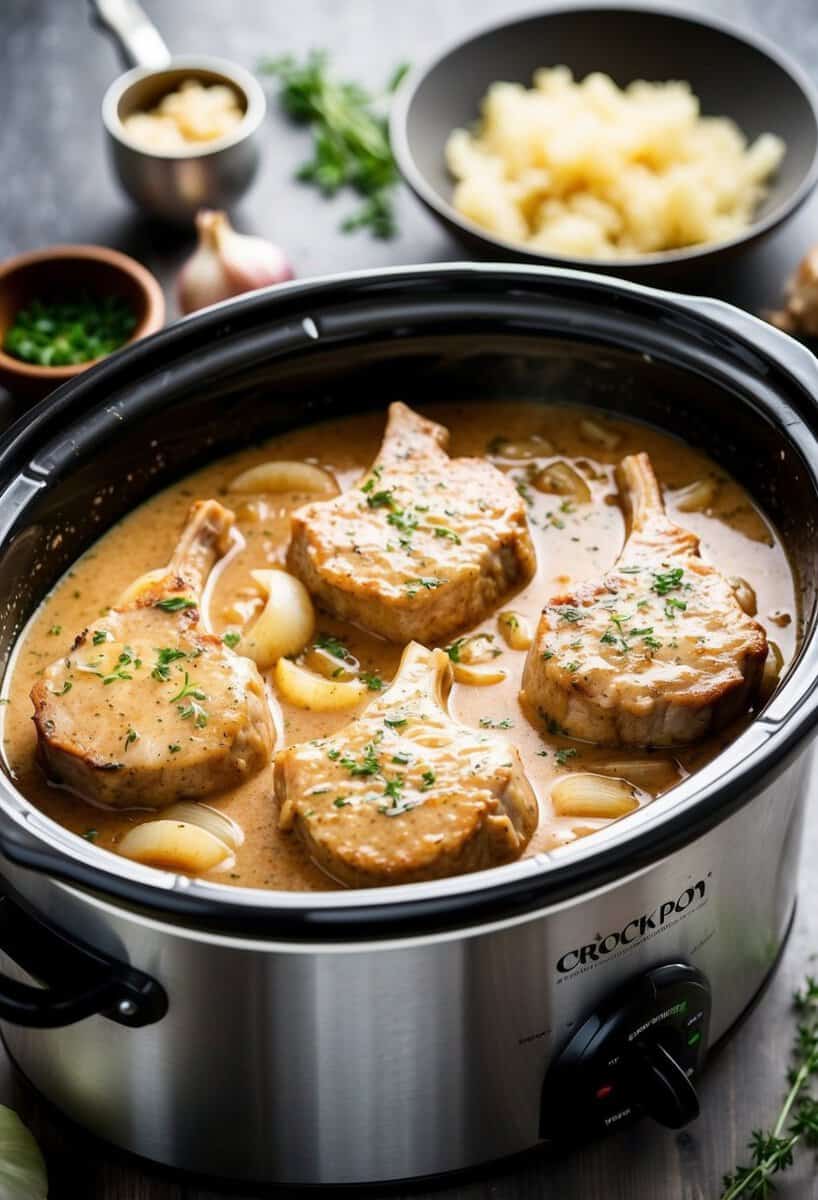 A crockpot filled with creamy onion pork chops simmering in a rich, savory sauce. Onions, garlic, and herbs surround the chops, creating a mouthwatering aroma