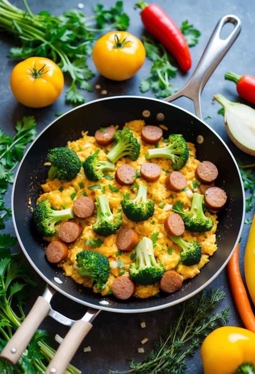 A sizzling skillet with broccoli and sausage scramble, surrounded by fresh herbs and colorful vegetables