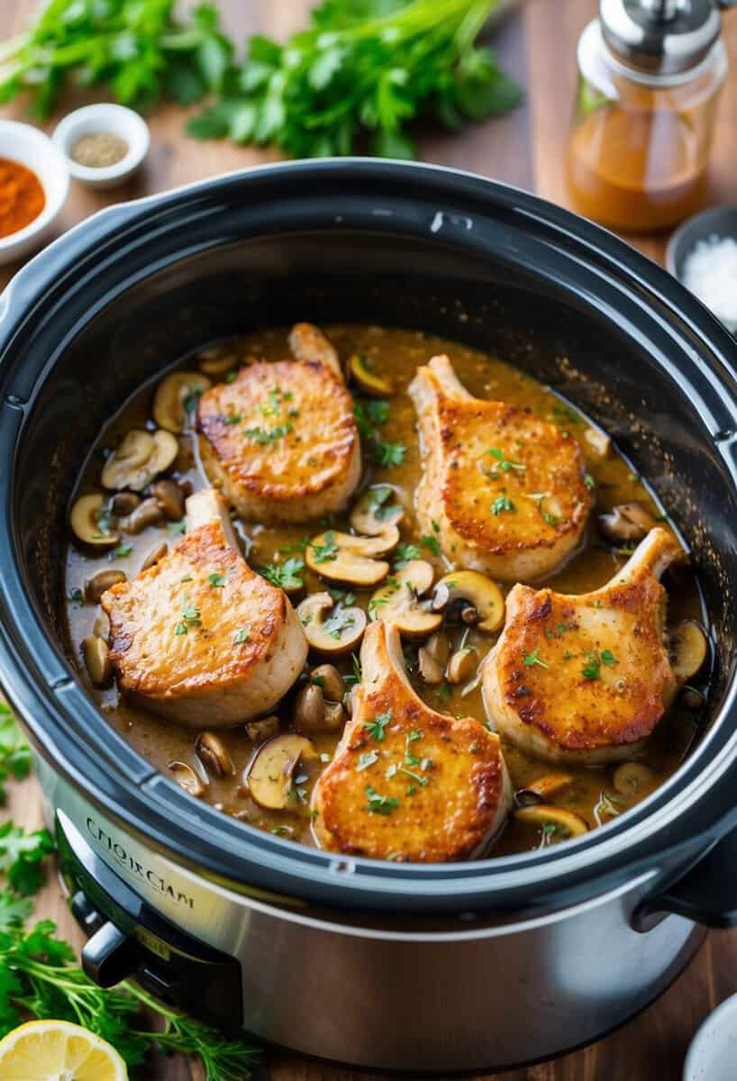 A crockpot filled with sizzling pork chops smothered in a savory mushroom sauce, surrounded by fresh herbs and spices