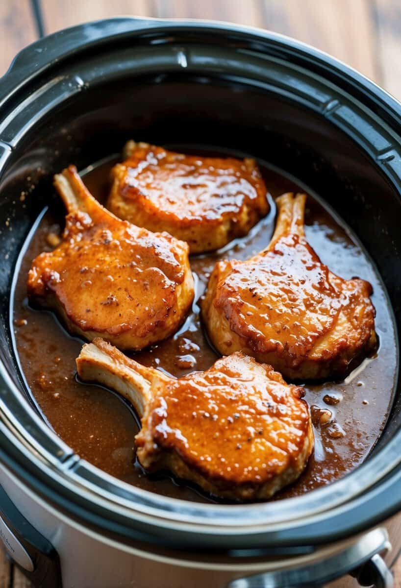 A crockpot filled with sizzling pork chops coated in a glossy brown sugar glaze, emitting a mouthwatering aroma