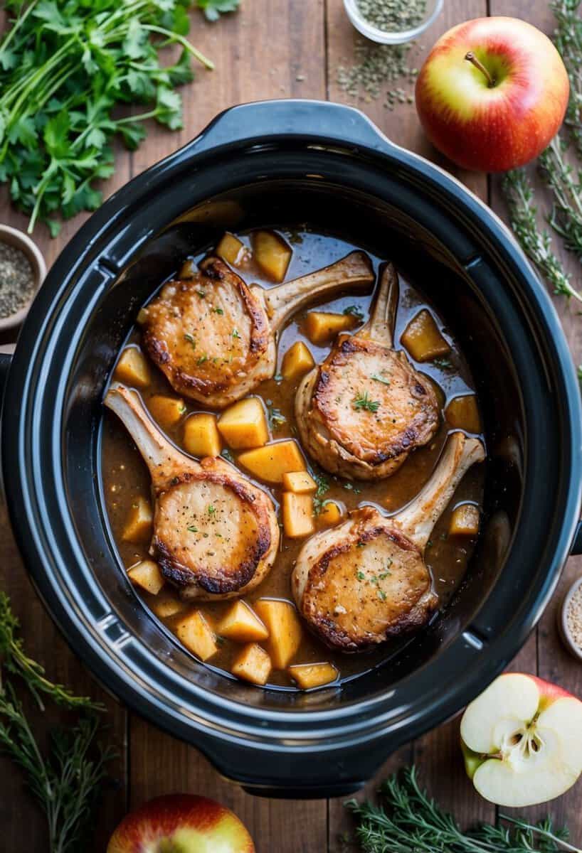 A crockpot filled with sizzling pork chops simmering in tangy apple cider sauce, surrounded by aromatic herbs and spices