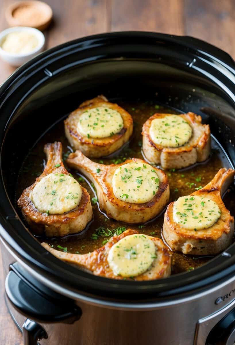 A crockpot filled with sizzling pork chops coated in garlic herb butter