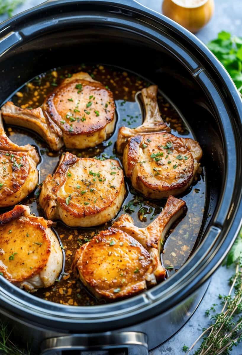 A crockpot filled with sizzling honey garlic pork chops, surrounded by aromatic herbs and spices