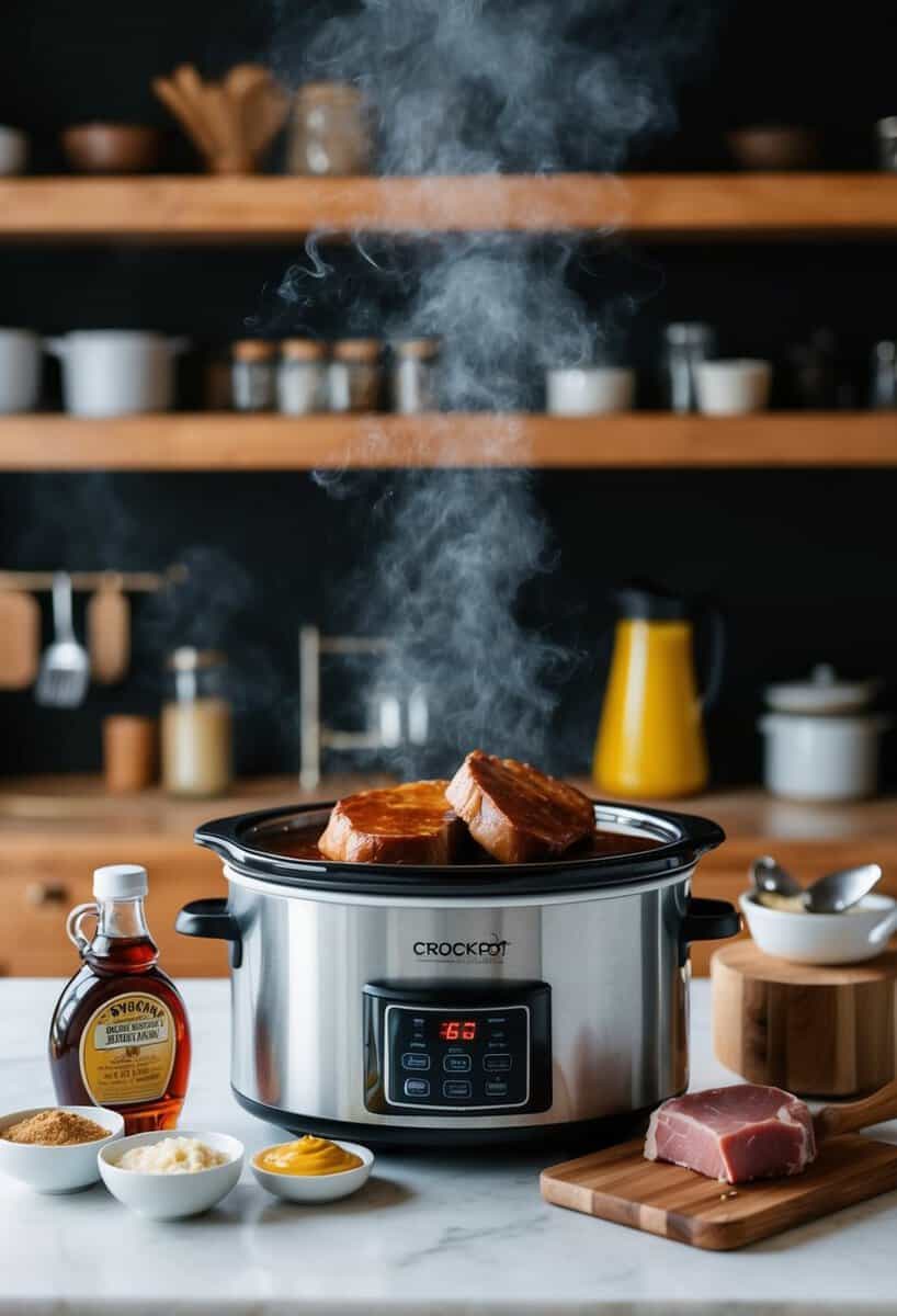 A crockpot surrounded by ingredients like maple syrup, Dijon mustard, and pork chops, with a tantalizing aroma filling the kitchen