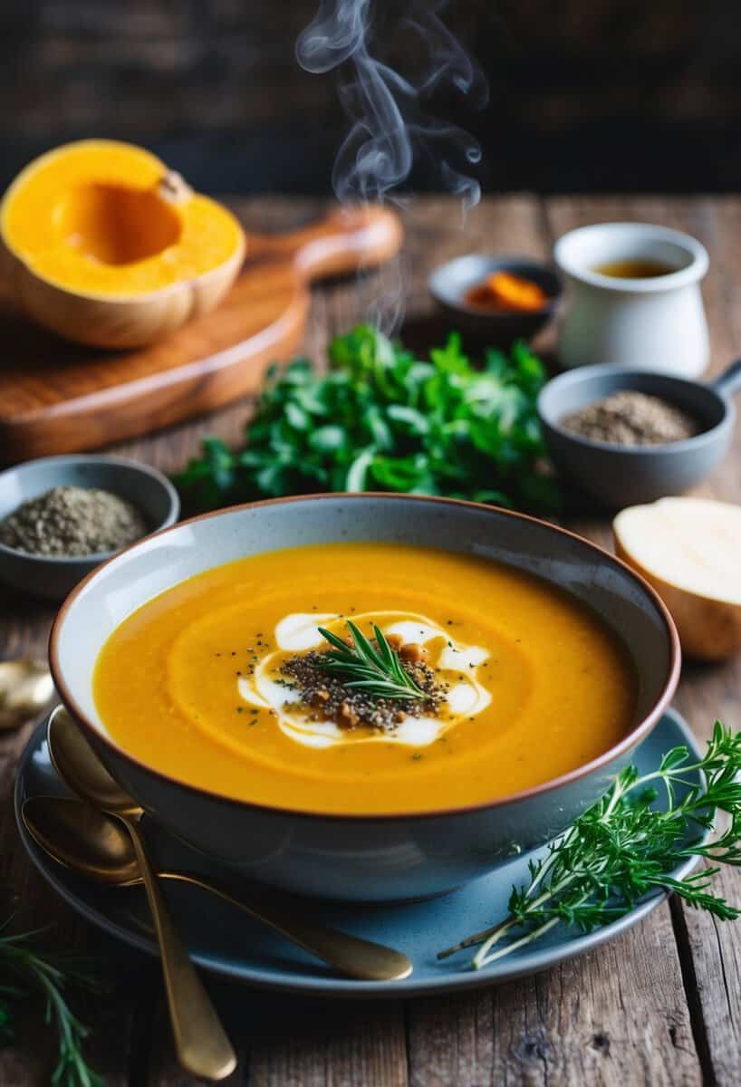 A steaming bowl of butternut squash soup surrounded by fresh herbs and spices on a rustic wooden table