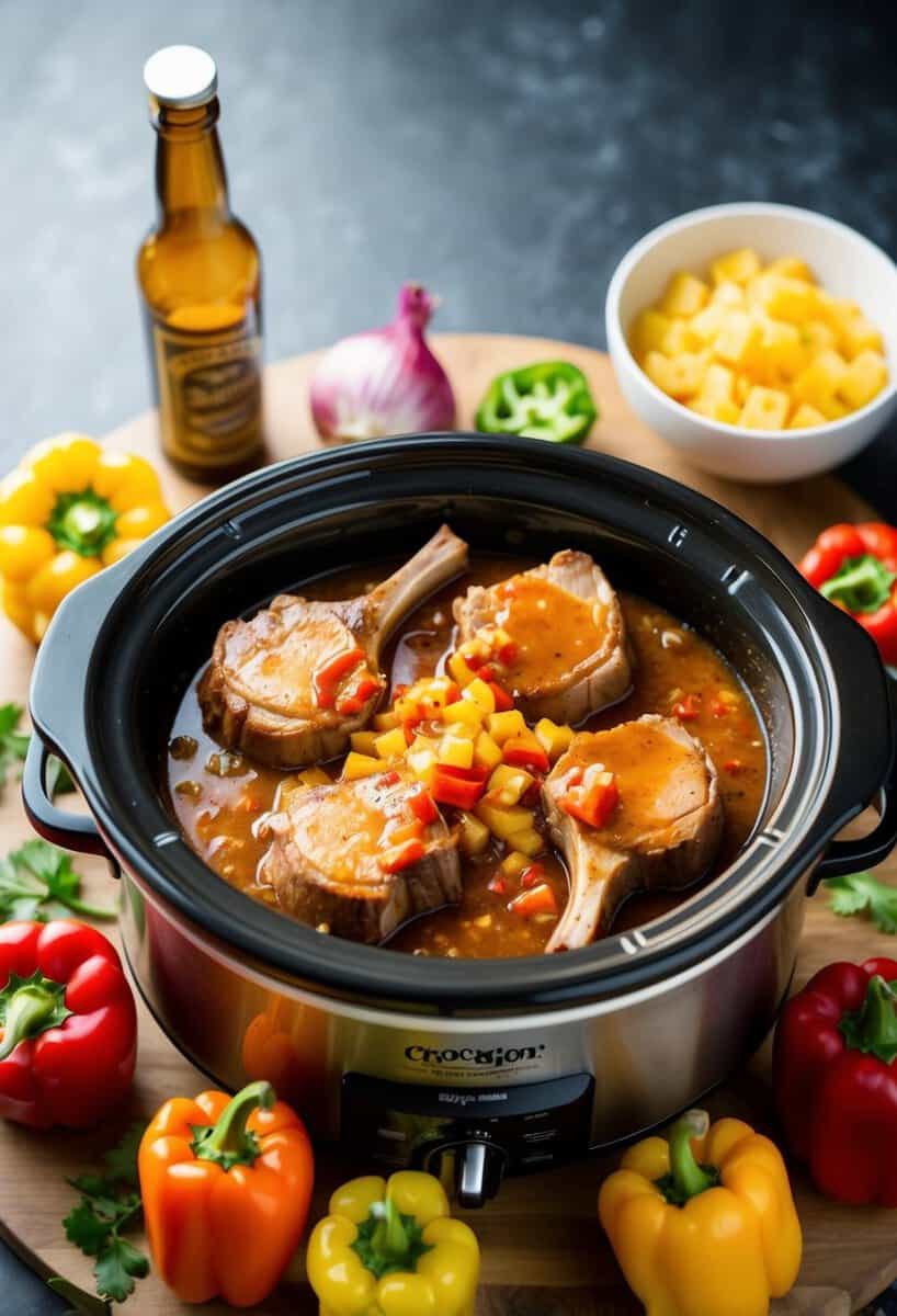 Pork chops cooking in a crockpot with sweet chili pineapple sauce, surrounded by colorful ingredients like peppers and onions