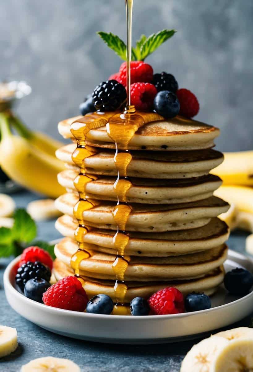 A stack of golden brown banana pancakes topped with fresh berries and drizzled with honey, surrounded by scattered banana slices and a sprig of mint