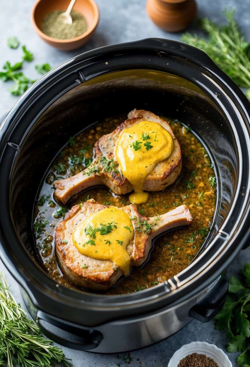 Pork chops coated in herb-infused Dijon mustard, sizzling in a crockpot surrounded by aromatic spices and fresh herbs