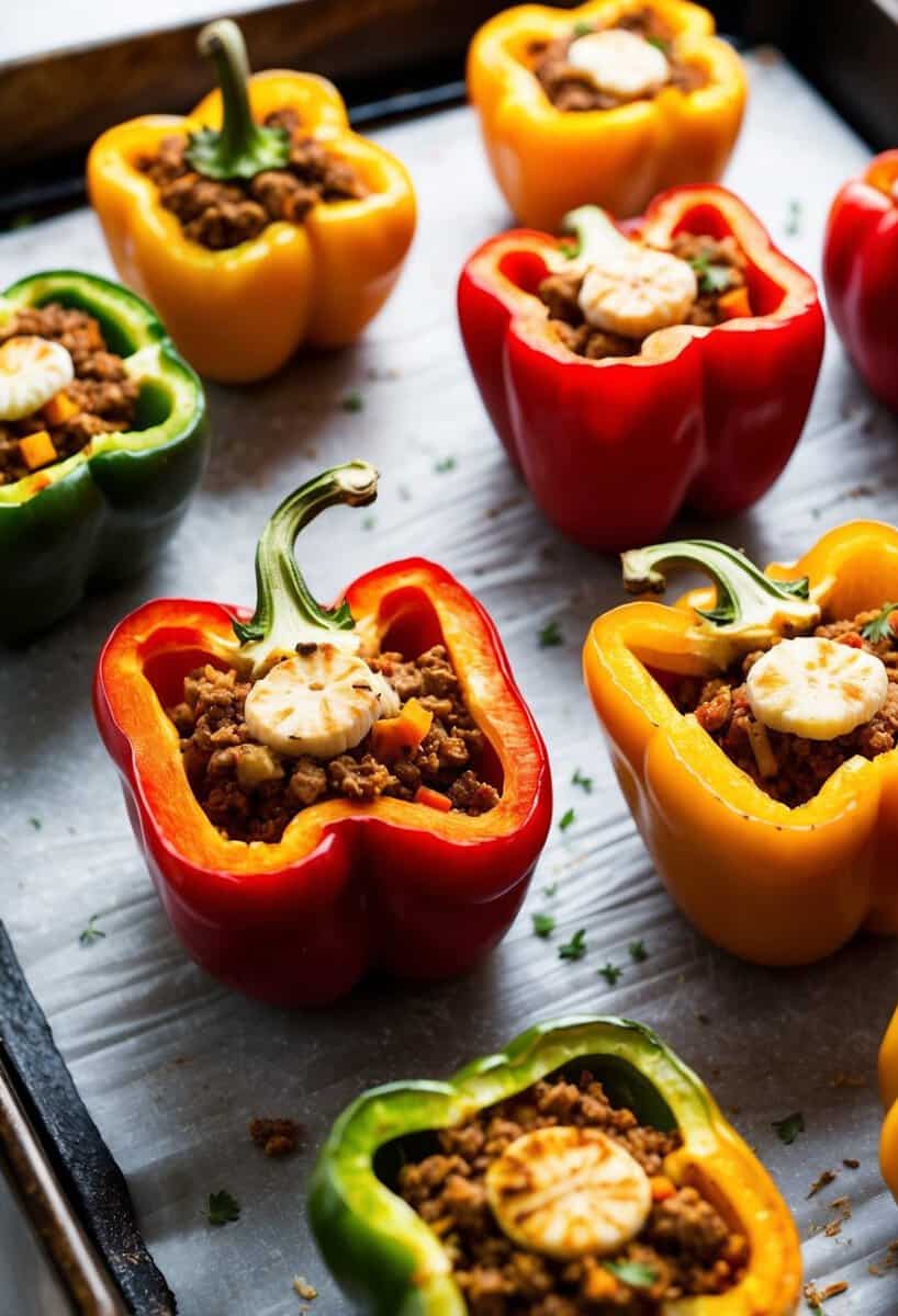 Fresh bell peppers, halved and filled with ground meat, vegetables, and spices. Baking in the oven on a tray lined with parchment paper