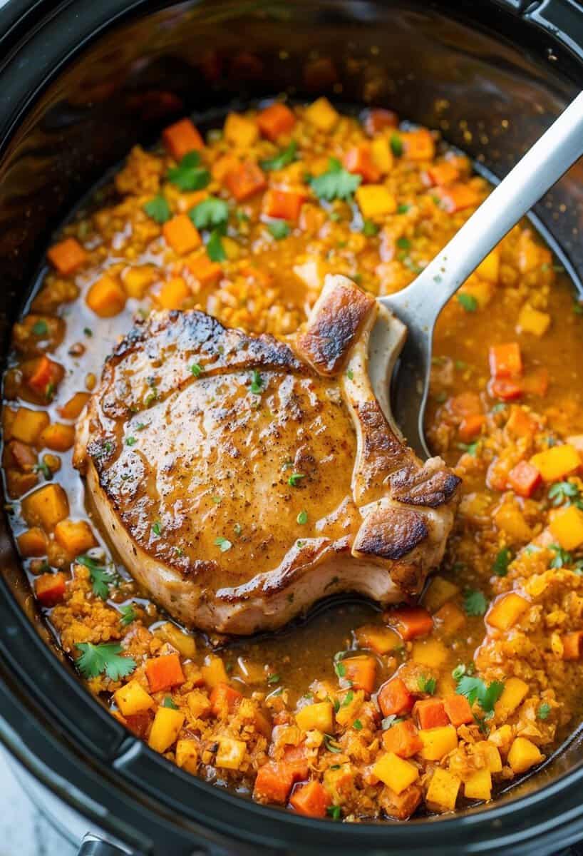 A sizzling pork chop surrounded by colorful Cajun spices in a bubbling crockpot