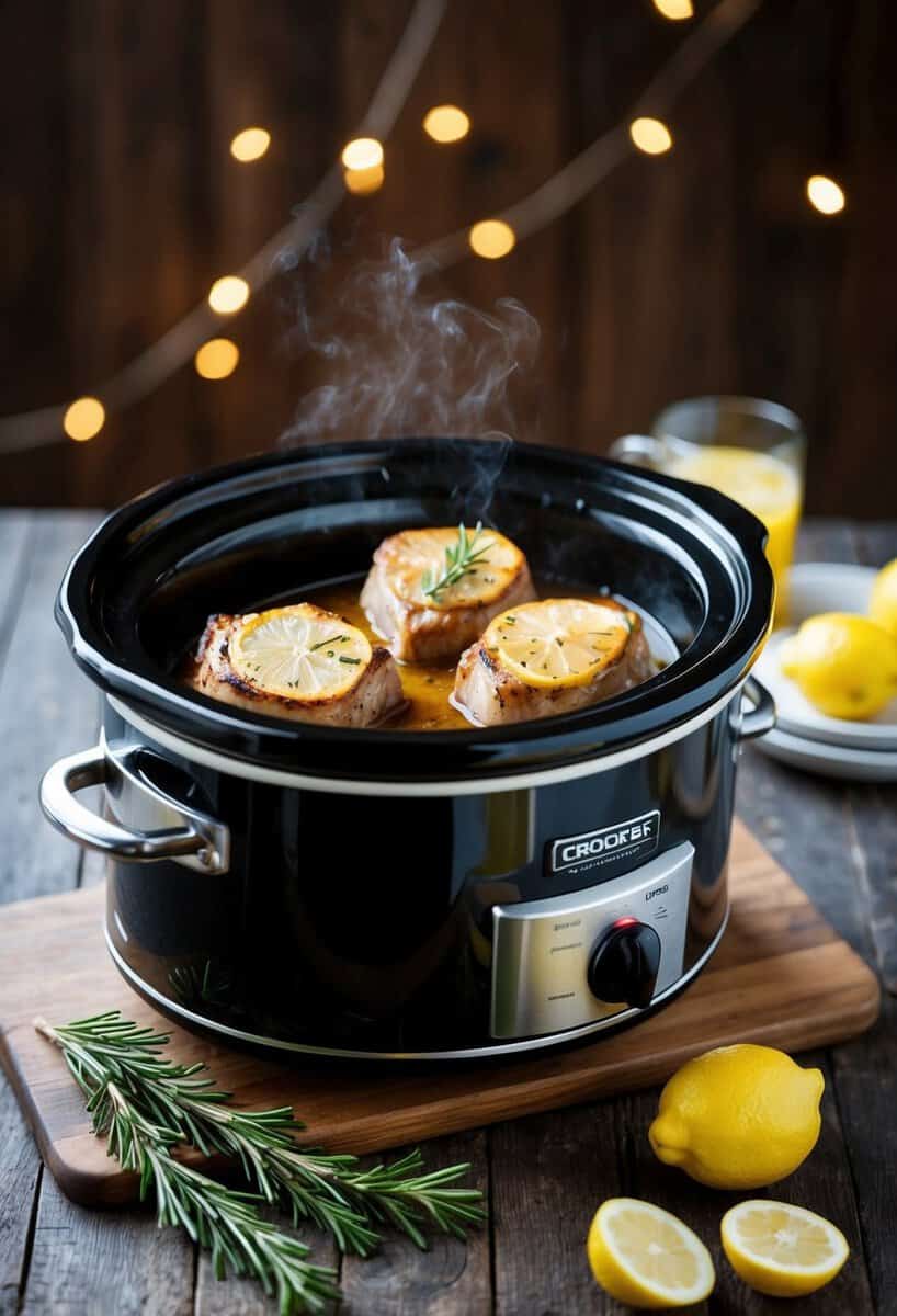 A crockpot filled with sizzling lemon rosemary pork chops