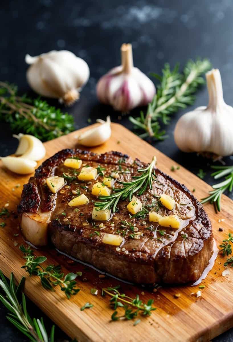 A sizzling steak seasoned with garlic and herbs on a wooden cutting board surrounded by fresh ingredients like rosemary, thyme, and garlic cloves