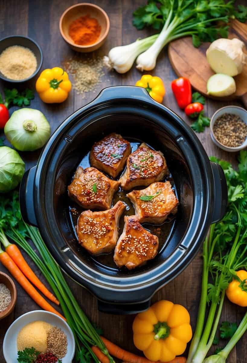 A crockpot filled with sizzling sesame ginger pork chops surrounded by vibrant vegetables and aromatic spices