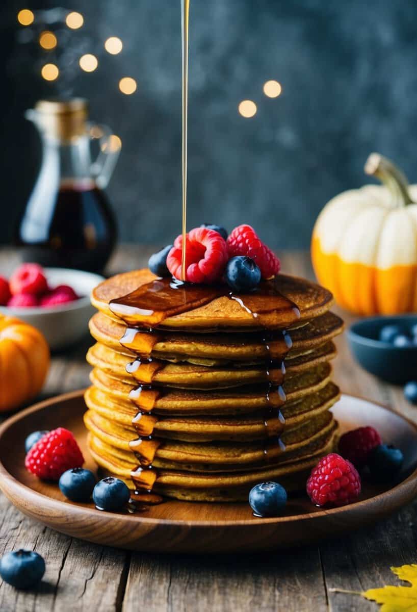 A stack of pumpkin paleo pancakes with berries and maple syrup on a wooden plate