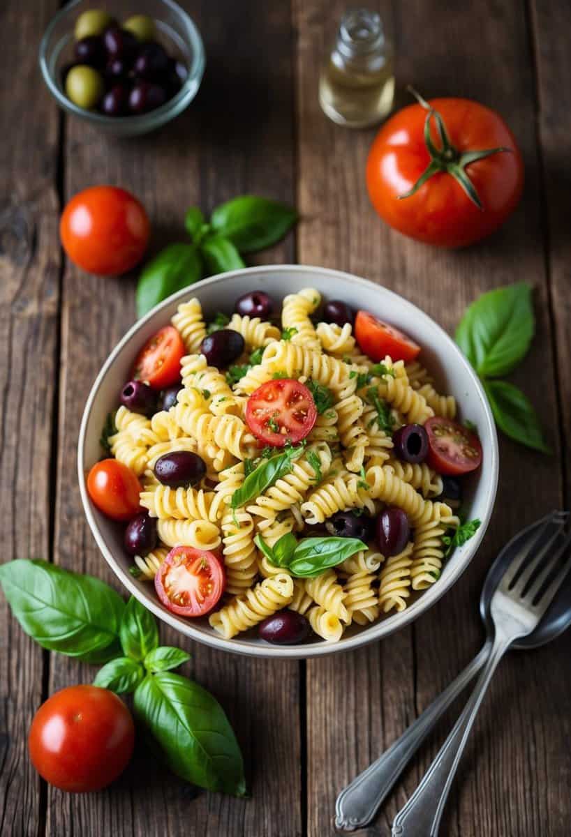 A rustic wooden table set with a large bowl of classic Italian pasta salad, surrounded by fresh ingredients like tomatoes, olives, and basil