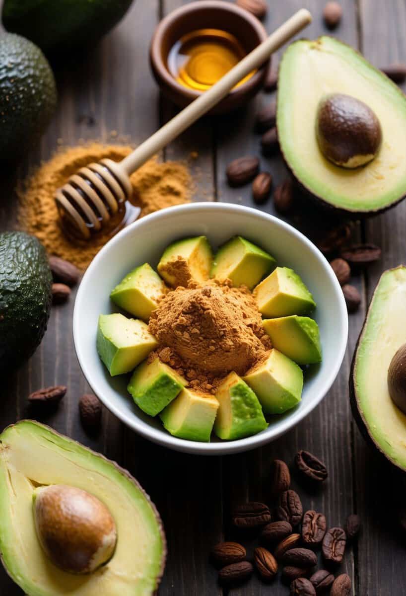 A bowl of ripe avocados, cocoa powder, and honey on a wooden table, surrounded by fresh avocados and cocoa beans