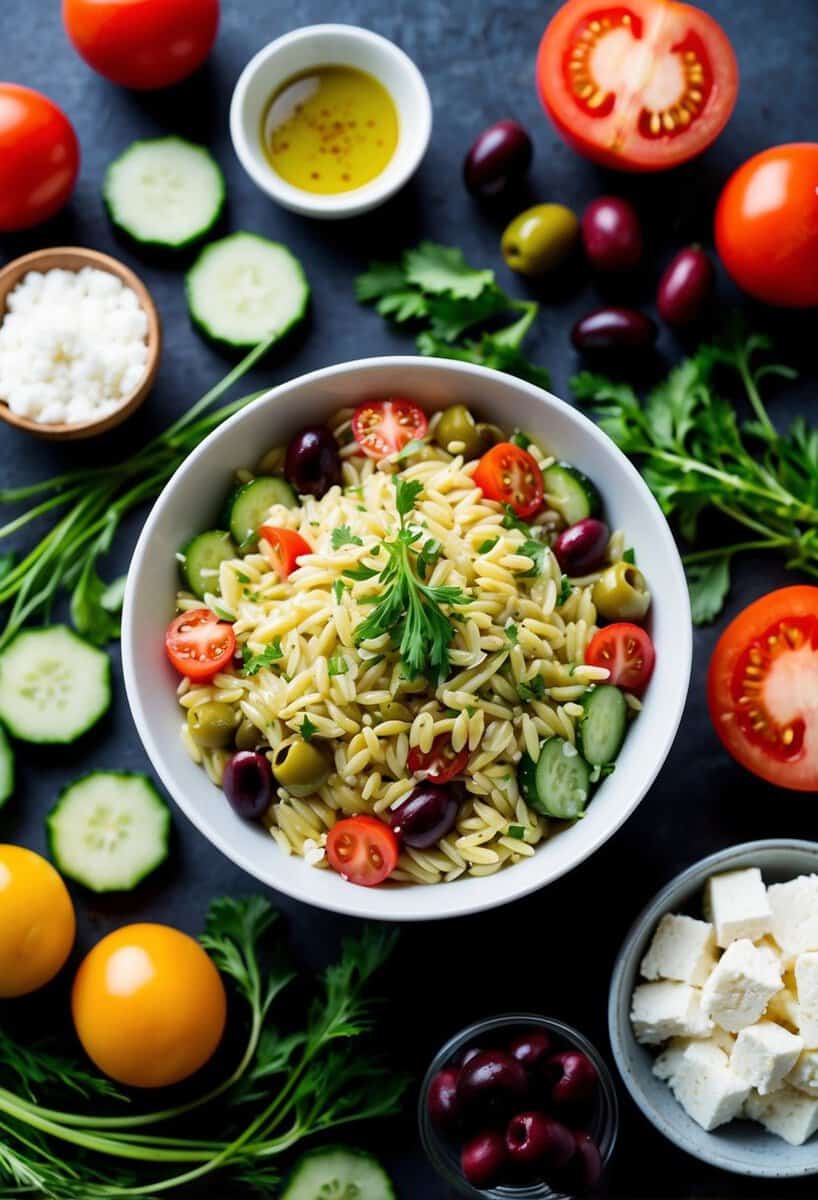 A vibrant bowl of orzo salad surrounded by colorful Mediterranean ingredients like tomatoes, cucumbers, olives, feta cheese, and fresh herbs