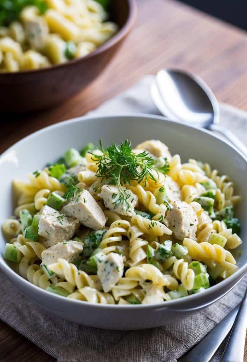 A bowl of creamy Caesar chicken pasta salad with fresh vegetables and herbs on a wooden table