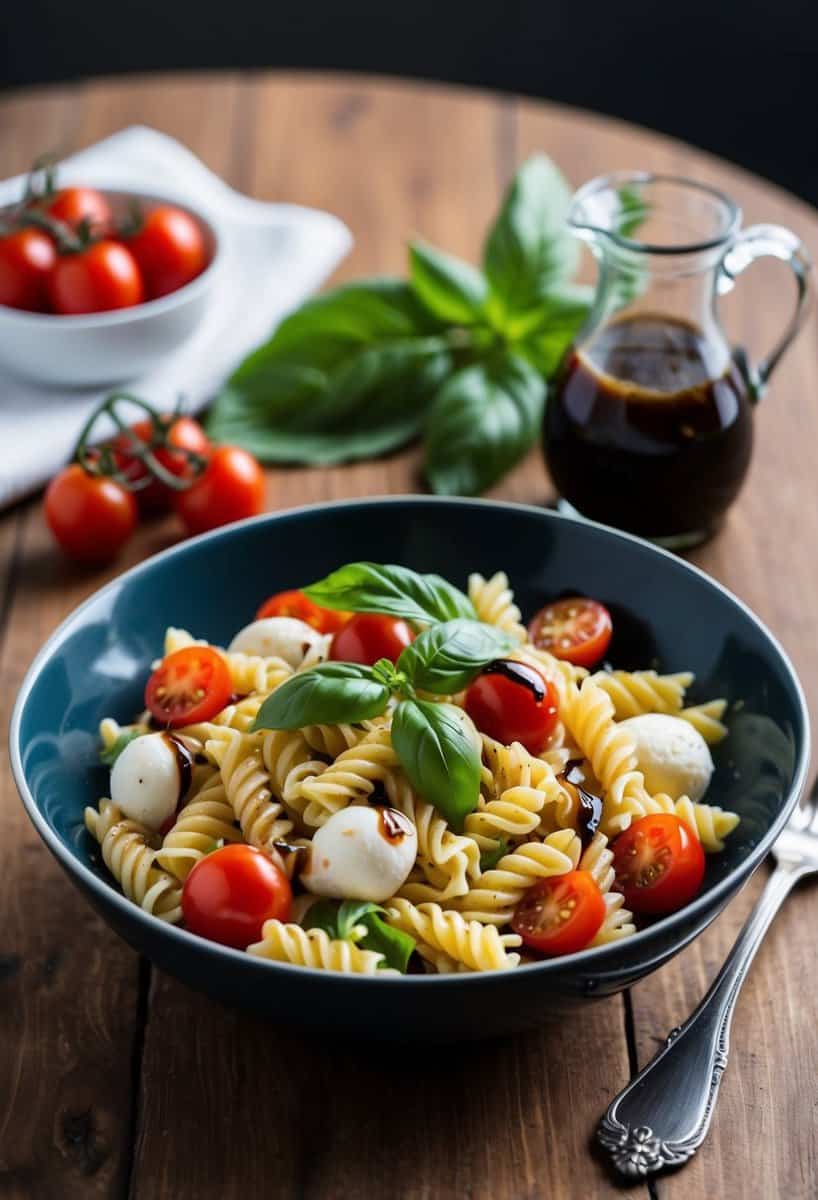 A bowl of Caprese Pasta Salad sits on a wooden table with fresh basil, mozzarella, cherry tomatoes, and balsamic vinaigrette