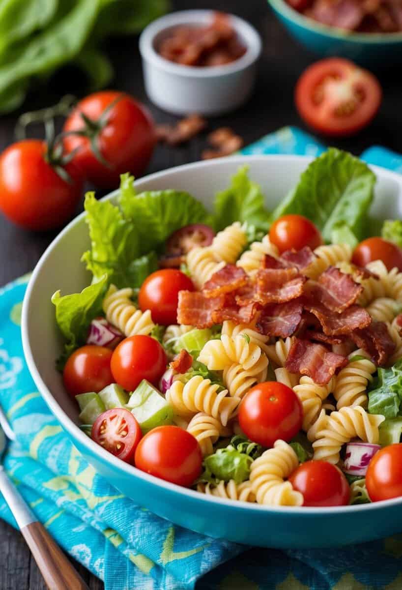 A colorful bowl of BLT pasta salad surrounded by fresh tomatoes, crispy bacon, and vibrant green lettuce leaves