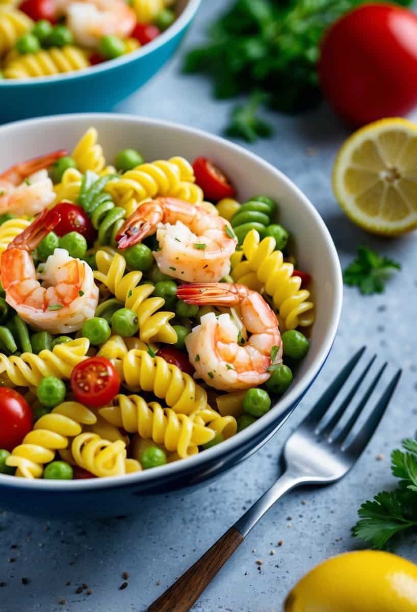 A colorful bowl of shrimp pasta salad surrounded by fresh ingredients and a fork