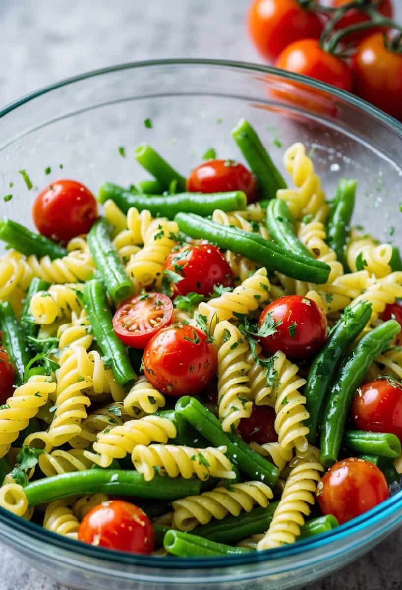 A colorful pasta salad with green beans, cherry tomatoes, and herbs, tossed in a tangy vinaigrette, served in a large glass bowl