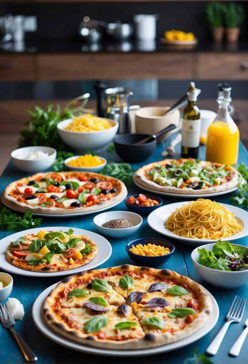 A table set with a colorful array of pizza, pasta, and salad, surrounded by fresh ingredients and cooking utensils