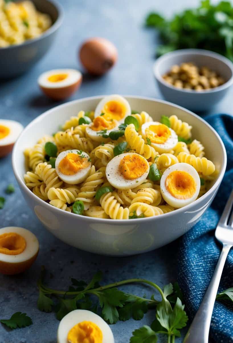 A bowl of deviled egg pasta salad surrounded by fresh ingredients and a fork