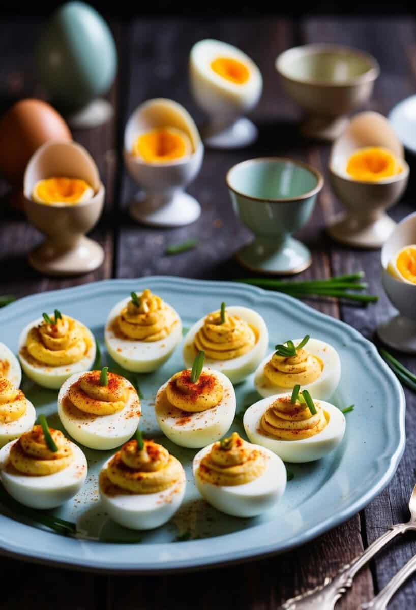 A rustic kitchen table displays a platter of classic deviled eggs, garnished with paprika and chives, surrounded by vintage egg cups