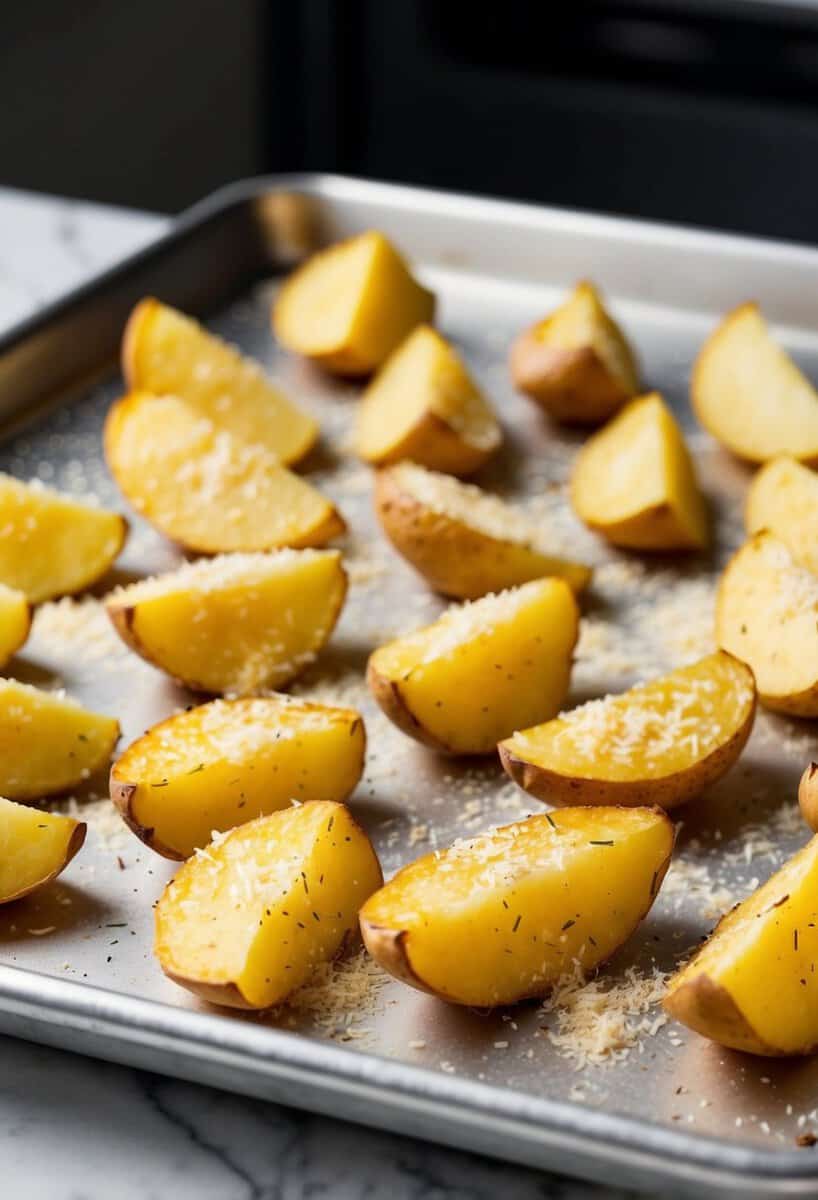 Golden potato wedges sprinkled with Parmesan cheese on a baking sheet