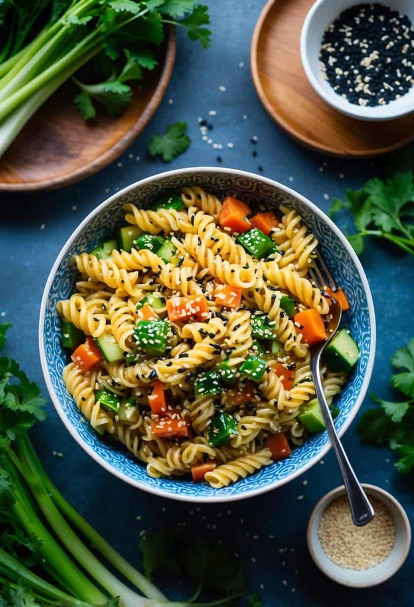 A colorful bowl of Asian Sesame Pasta Salad surrounded by fresh vegetables and garnished with sesame seeds