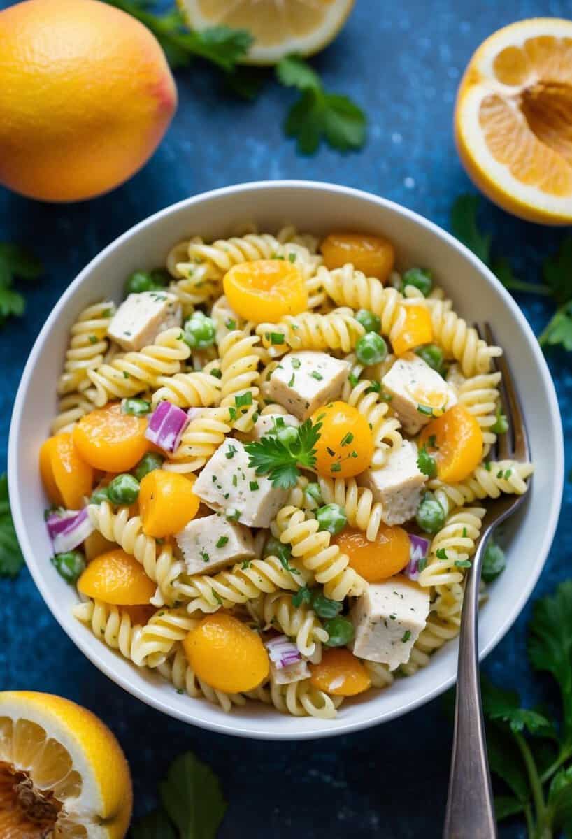 A colorful bowl of lemony chicken apricot pasta salad surrounded by fresh ingredients and a fork