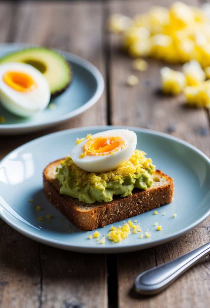 A slice of toasted bread topped with mashed avocado and grated hard-boiled egg