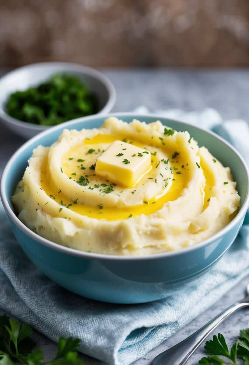 A bowl of creamy mashed potatoes topped with a pat of melting butter, garnished with a sprinkle of chopped parsley