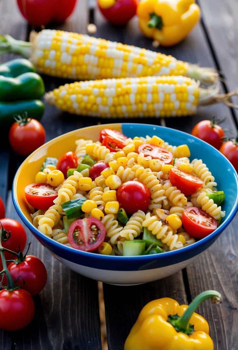 A colorful bowl of BBQ pasta salad surrounded by fresh ingredients like cherry tomatoes, bell peppers, and grilled corn on a wooden picnic table