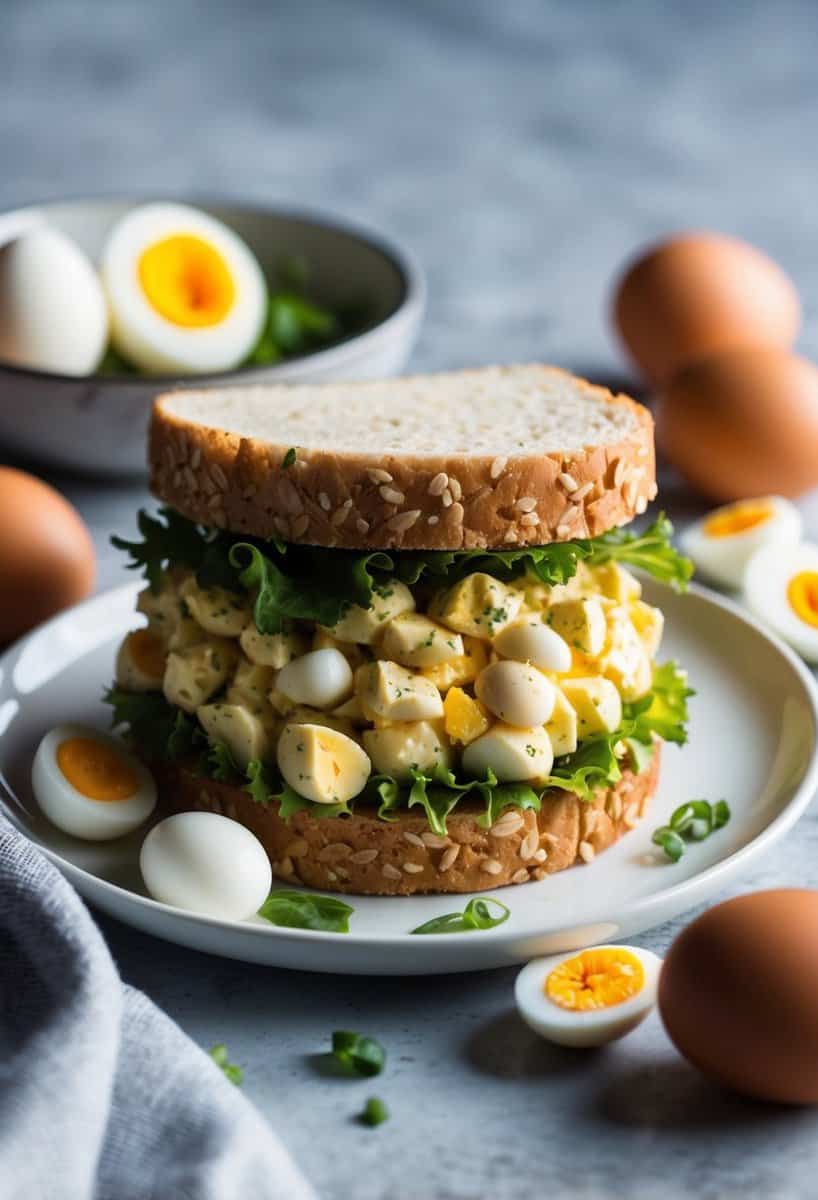 A plate with a freshly made egg salad sandwich, surrounded by hard-boiled eggs and ingredients