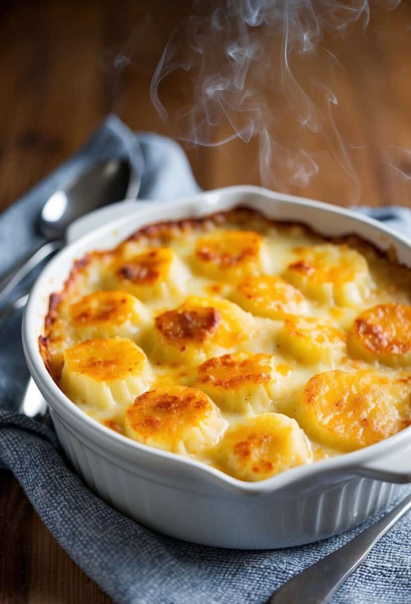 A steaming dish of cheesy scalloped potatoes, golden brown and bubbling, fresh from the oven