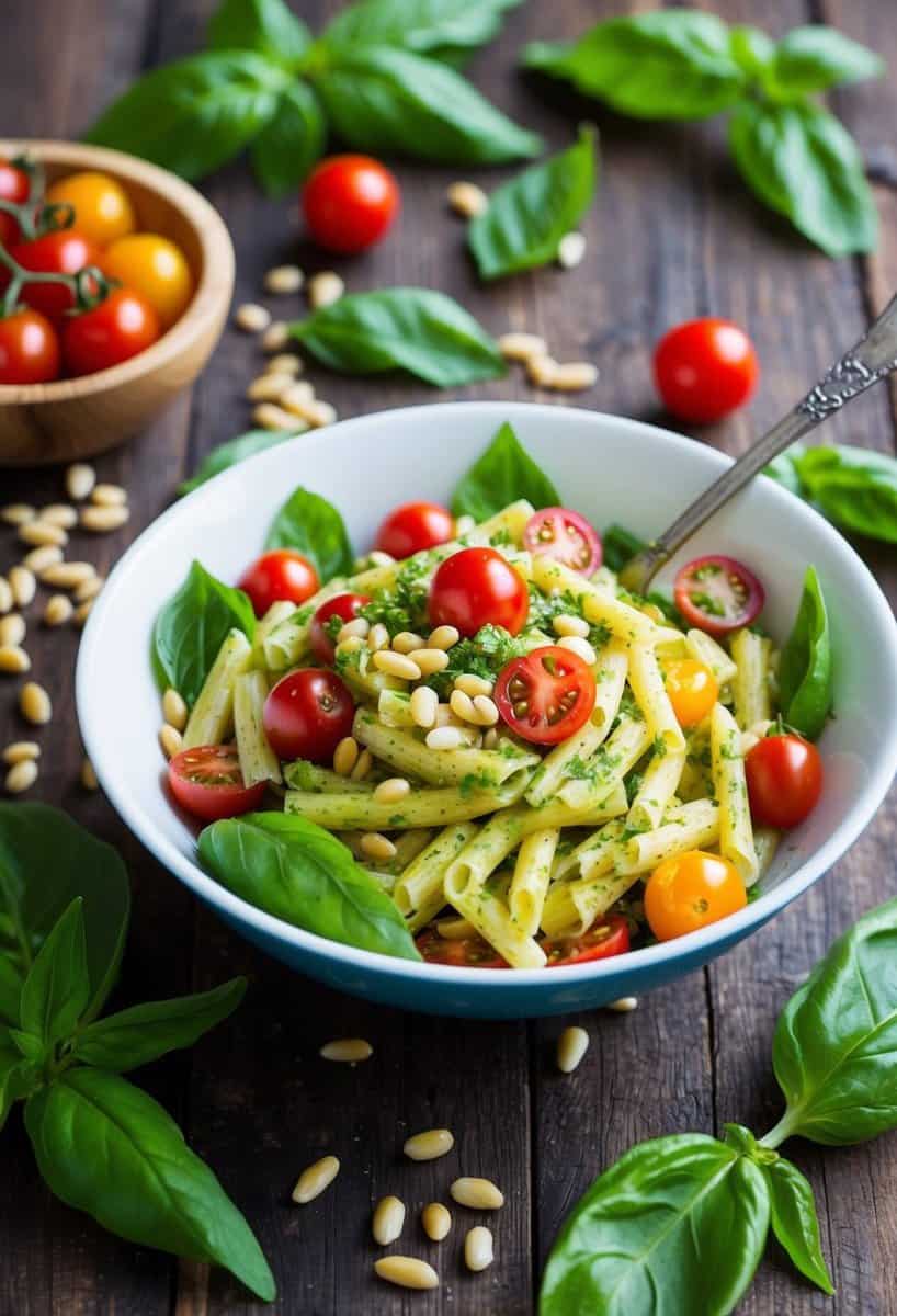 A colorful bowl of pesto pasta salad surrounded by fresh basil leaves, cherry tomatoes, and pine nuts on a rustic wooden table