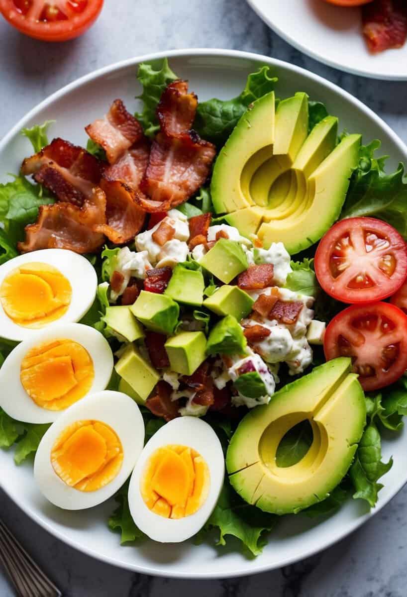 A colorful Cobb salad arranged with hard-boiled eggs, bacon, avocado, tomatoes, and lettuce on a white plate