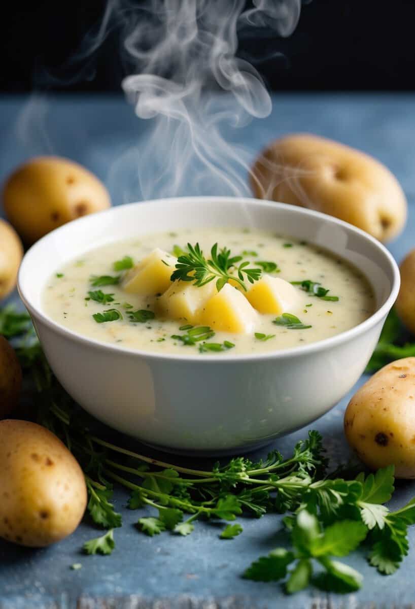 A steaming bowl of creamy potato soup surrounded by fresh potatoes and herbs